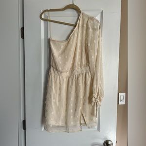 BaeVely Cream One Shoulder Swiss Dot Mini Dress